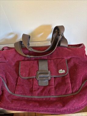 Lacoste Wine Red Corduroy Tote with Brown Trim